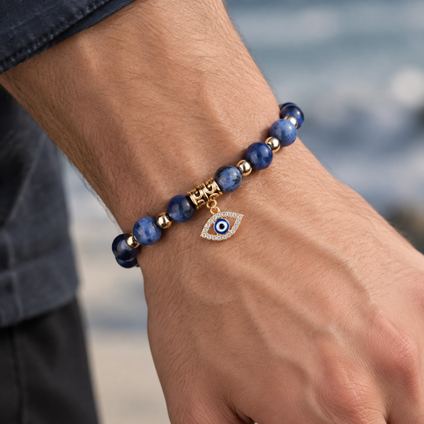 Blue Veined Stone Evil Eye Bead Bracelet - wear closeup