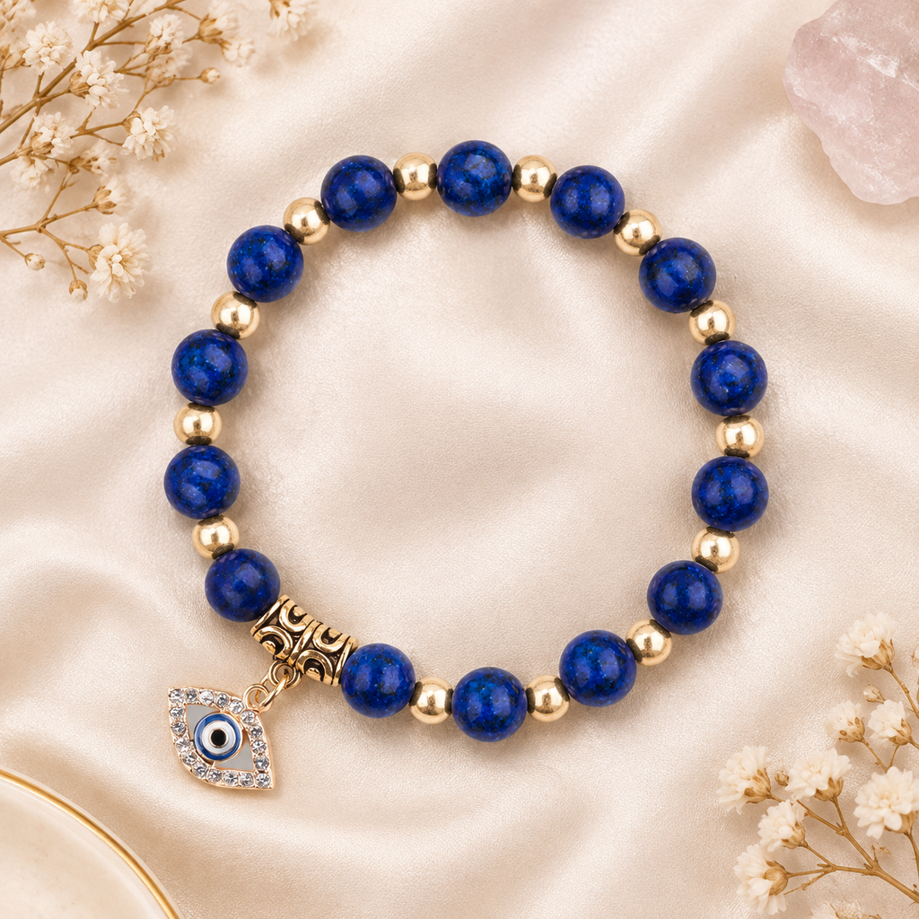 Blue Lapis Lazuli Evil Eye Charm Bracelet - flat lay