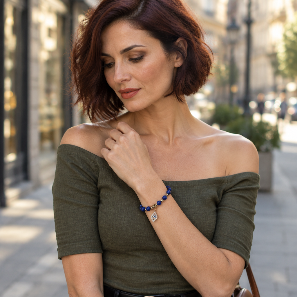 Blue Lapis Lazuli Evil Eye Charm Bracelet - model angle