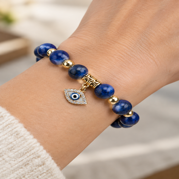 Blue Lapis Lazuli Evil Eye Charm Bracelet - wear closeup