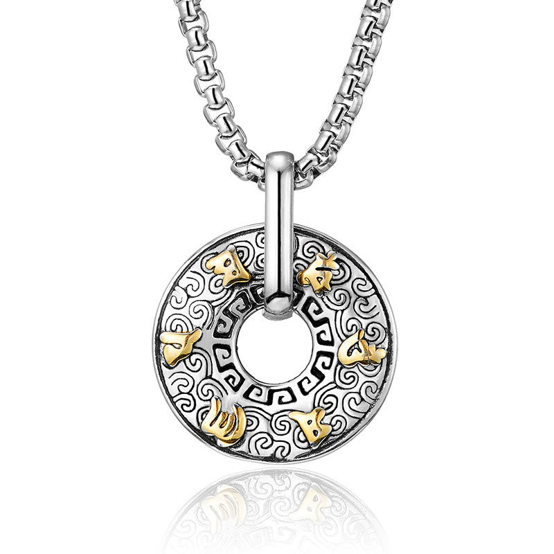 Tibetan Om Mani Padme Hum Peace Buckle Necklace – Silver circular medallion with gold Sanskrit symbols and scroll patterns on box chain, white background frontal
