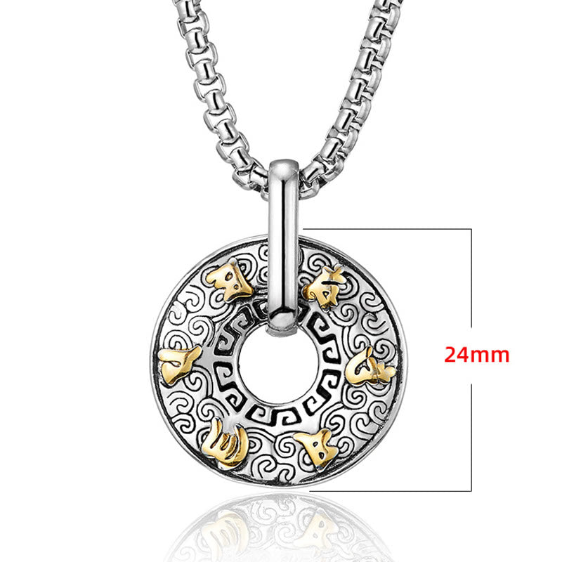Tibetan Om Mani Padme Hum Peace Buckle Necklace – 24mm silver medallion with gold Sanskrit characters on box chain, white background with size annotation, frontal