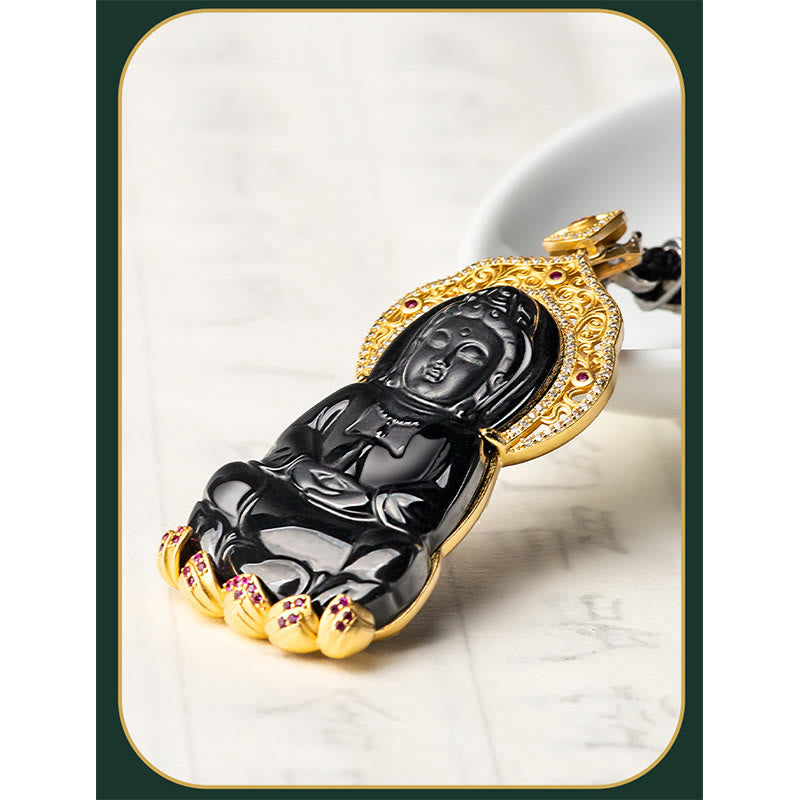 Black Jade Kwan Yin Avalokitesvara Necklace – Smooth cool jade texture, meditation prayer jewelry