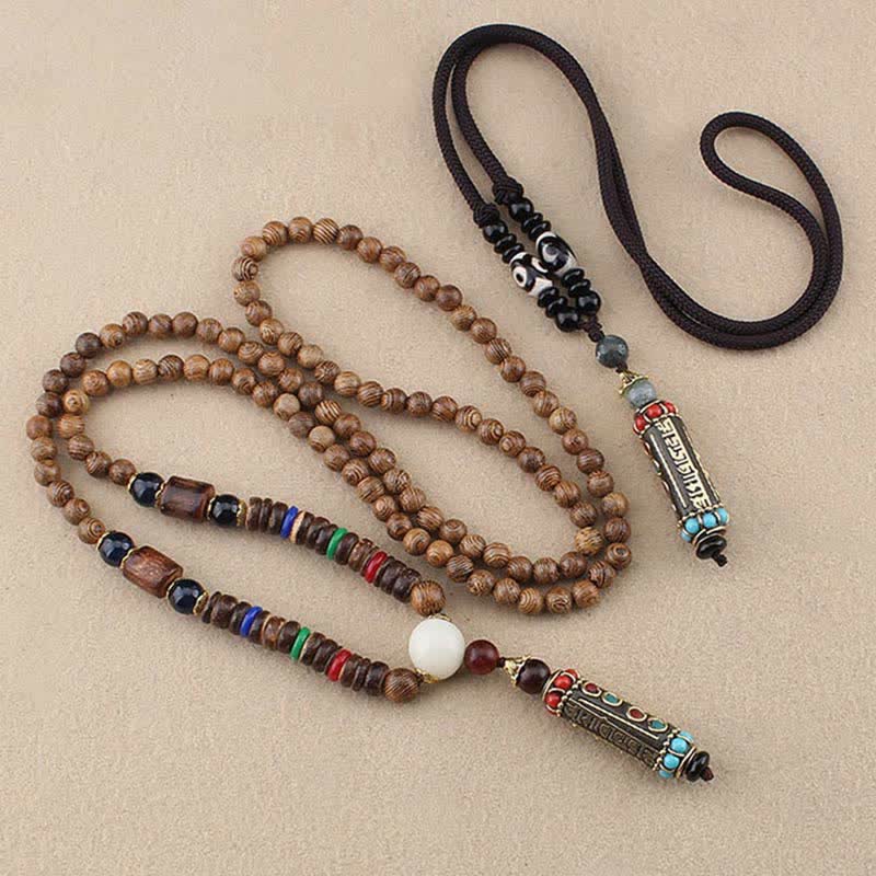 Wenge Wood Dzi Bead Mantra Necklace - Wood mala and dzi bead cord pairing with matching engraved pendant