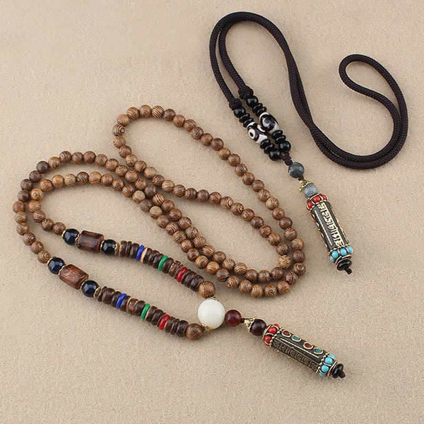 Wenge Wood Dzi Bead Mantra Necklace - Wood mala and dzi bead cord pairing with matching engraved pendant