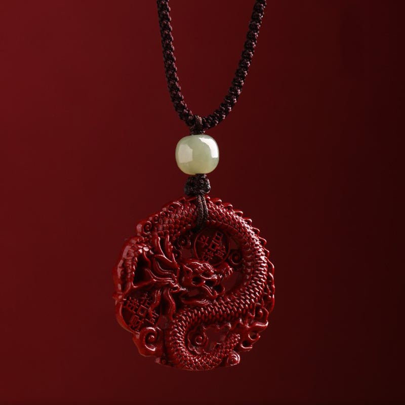 Cinnabar Hetian Jade Dragon Necklace - centered coiled dragon pendant, adjustable black cord