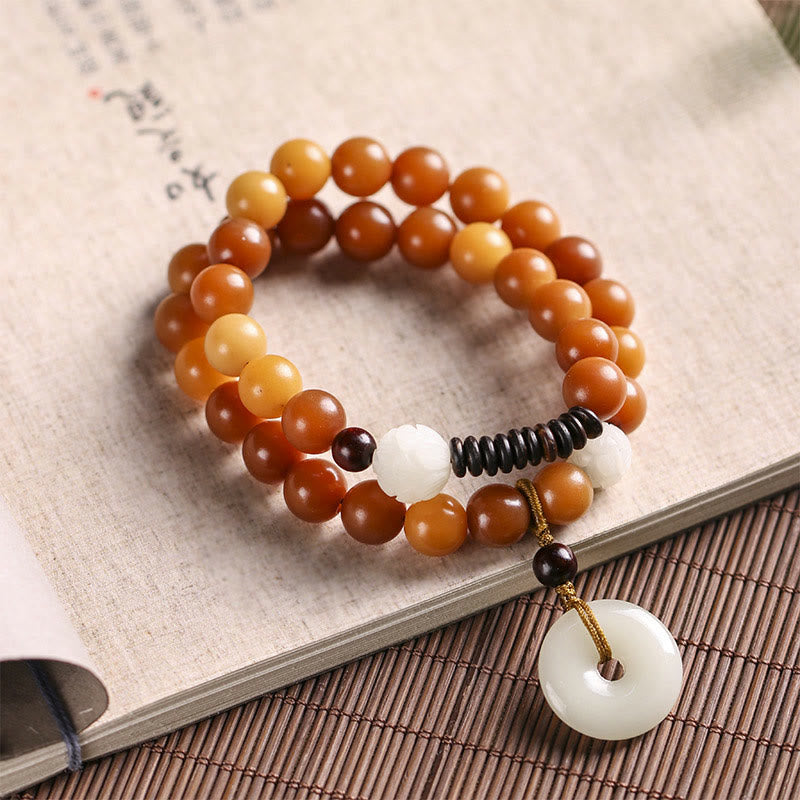 Pulsera de Doble Vuelta con Hebilla de la Paz de Jade y Semillas de Bodhi Cian | Sabiduría