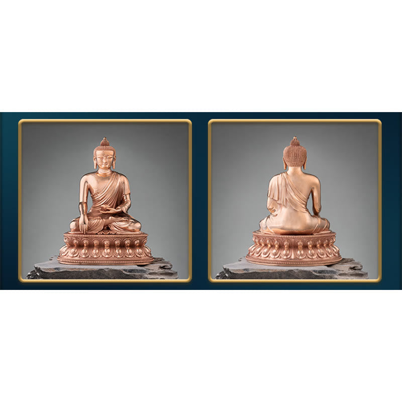 Shakyamuni Copper Statue – in living room bookshelf niche with trailing plants, modern Buddha decor