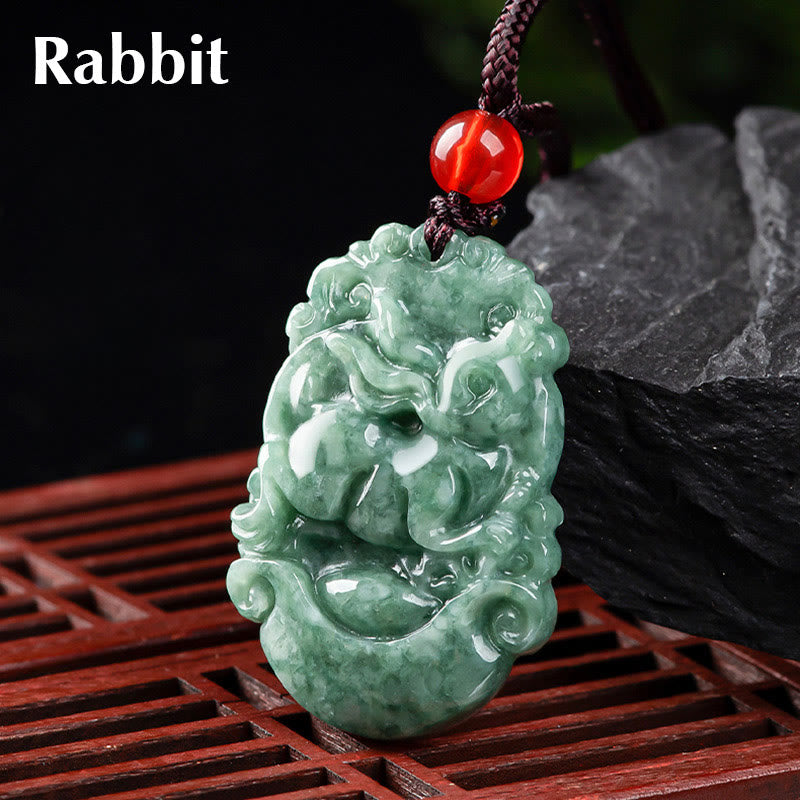 Jade Zodiac Prosperity Necklace – Rabbit with ruyi clouds on lattice, gentle fortune, peaceful