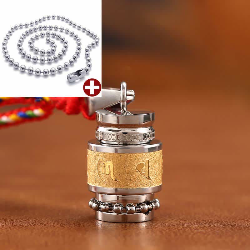 Om Mani Padme Hum Amulet – Prayer wheel with ball chain, gold mantra band, titanium steel