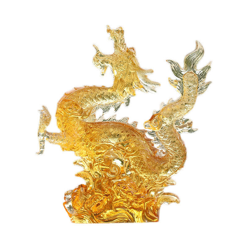 Chinese Zodiac Yellow Dragon Liuli Art Piece - white background studio shot of translucent amber dragon figurine, luck