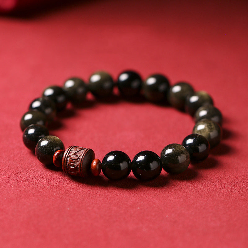 Gold Sheen & Rainbow Obsidian Fu Bracelet – golden obsidian on red velvet, mens bead bracelet
