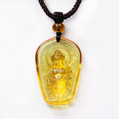 Tibetan Buddha Liuli Crystal Necklace – worn on chest with neckline, serenity spiritual jewelry style