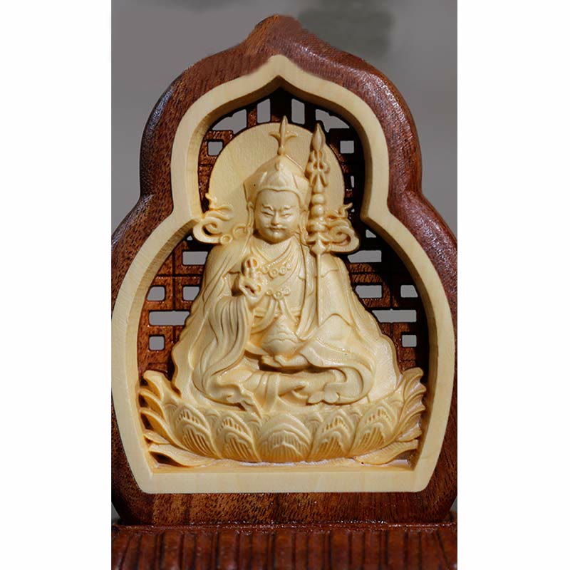 Padmasambhavan Wood Statue – masterful engraving traditional hat, Guru Rinpoche shrine piece