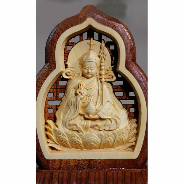 Padmasambhavan Wood Statue – masterful engraving traditional hat, Guru Rinpoche shrine piece