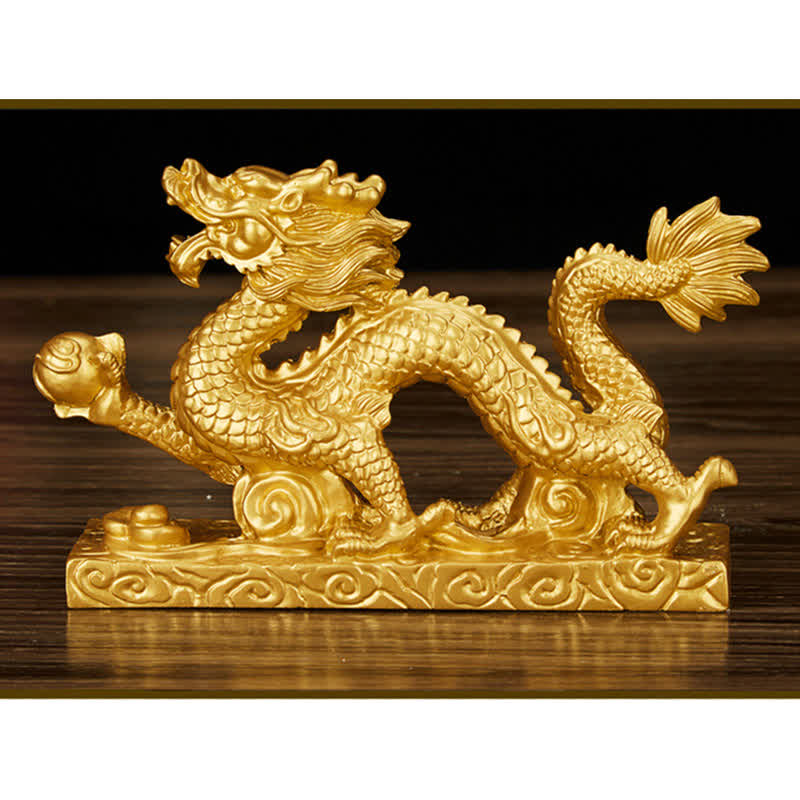 Golden Dragon Figurine - side profile dark polished wood pearl in claw, traditional