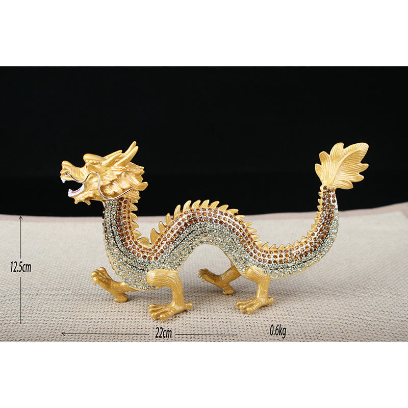 Handmade Feng Shui Dragon Decoration – Gold dragon side profile with dimensions, 12.5x22cm crystal figurine, Measured