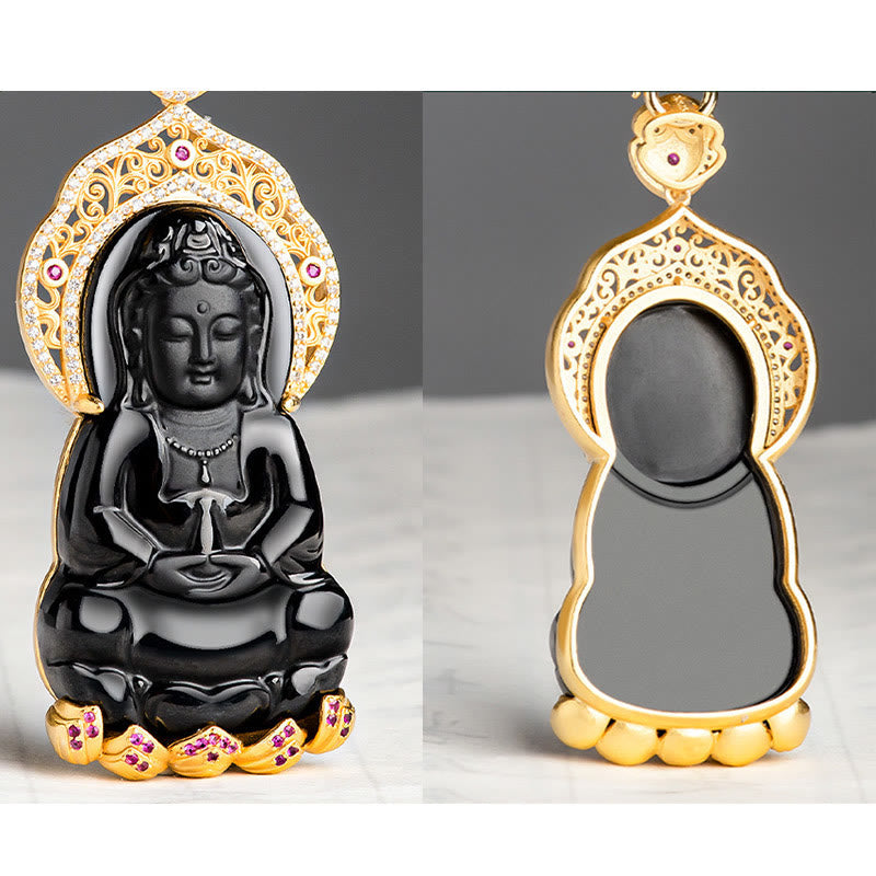 Black Jade Kwan Yin Avalokitesvara Necklace – Detailed Kwan Yin face sculpture, unisex spiritual necklace