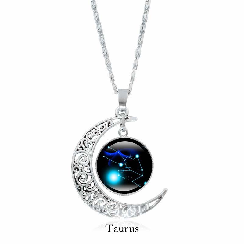 Zodiac Moon Protection Copper Necklace - Silver crescent moon with Taurus zodiac constellation cabochon in blue-white stars on deep black cosmic background