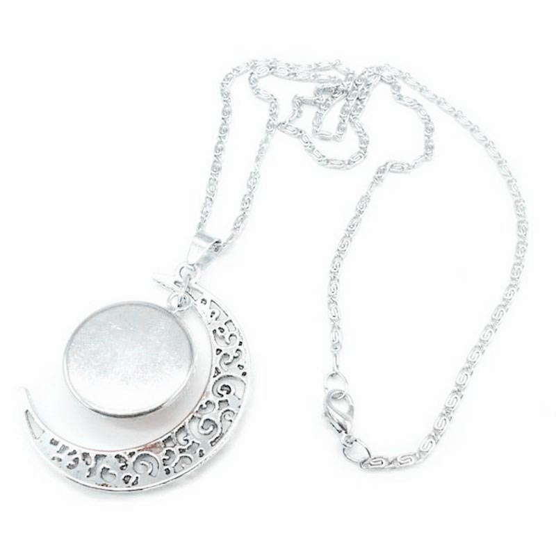 Zodiac Moon Protection Copper Necklace - Silver crescent moon with milky white moonstone cabochon showing iridescent adularescence shimmer on delicate link chain