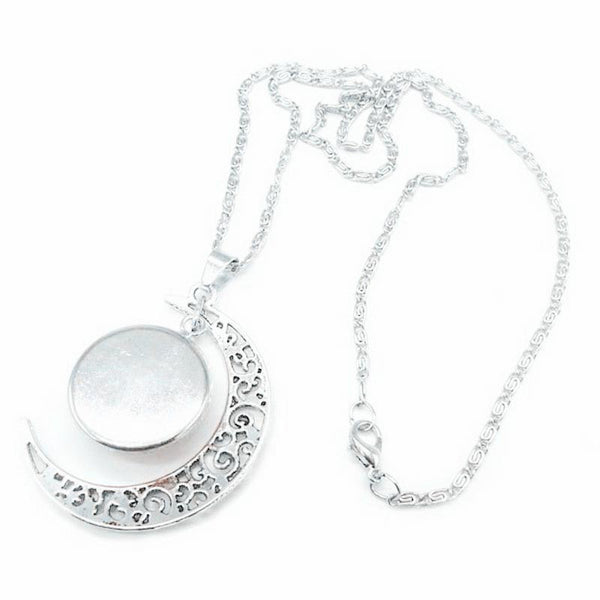 Zodiac Moon Protection Copper Necklace - Silver crescent moon with milky white moonstone cabochon showing iridescent adularescence shimmer on delicate link chain