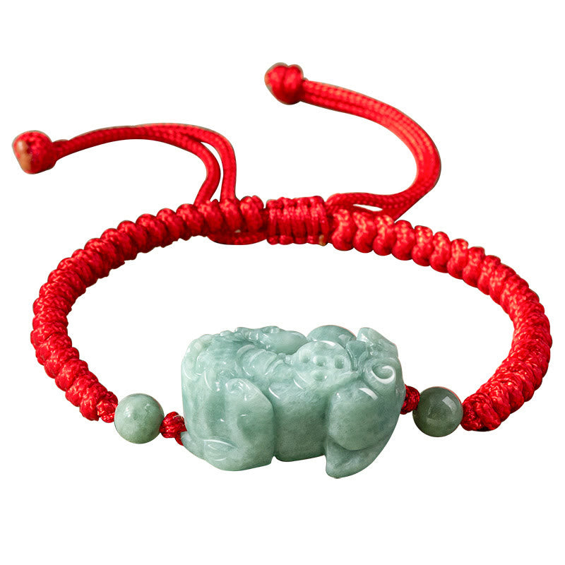 Jade PiXiu Knot Bracelet – Red cord bracelet with jade PiXiu isolated on white background