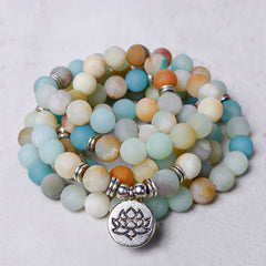 Amazonite Lotus Mala – coiled multi-strand bracelet with silver lotus charm, amazonite healing