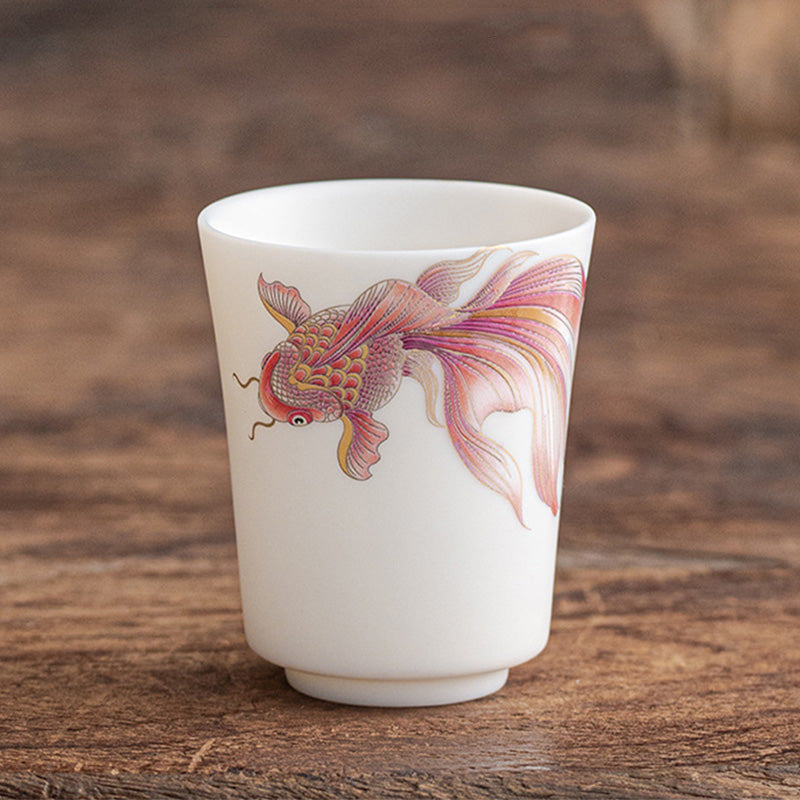 Koi Fish Ceramic Teacup - back view showing complementary pattern on reverse side