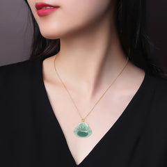 Laughing Buddha Jade Prosperity Necklace 18K Gold Abundance Pendant – round jade gold overlay medallion, fusion design pendan