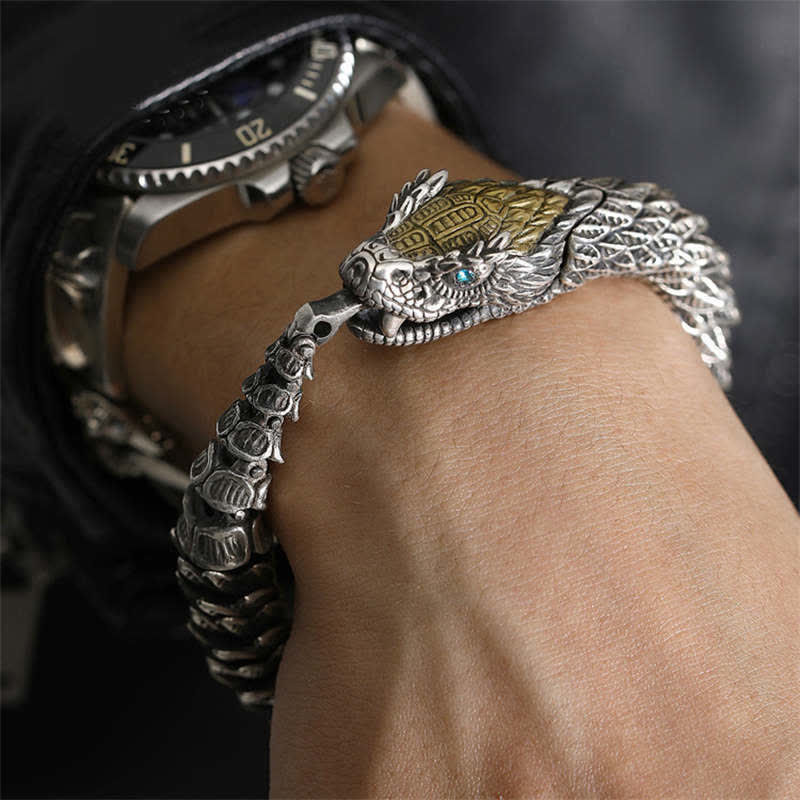 Dragon Snake Copper Bracelet – Two-tone dragon head cuff worn on wrist with dive watch, Protective