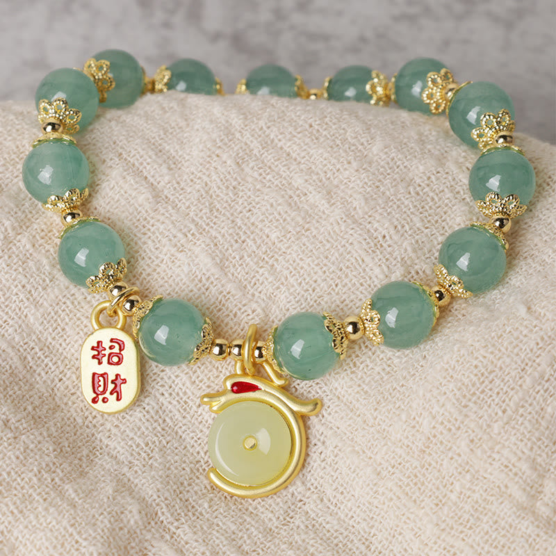 Red Agate Aventurine Dragon Bracelet – Green bead bracelet with gold zhao cai and bull charm, Fortune