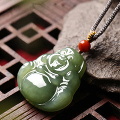 Hetian Jade Laughing Buddha Abundance String Necklace Pendant – side rounded belly smooth polish, abundance symbol necklace