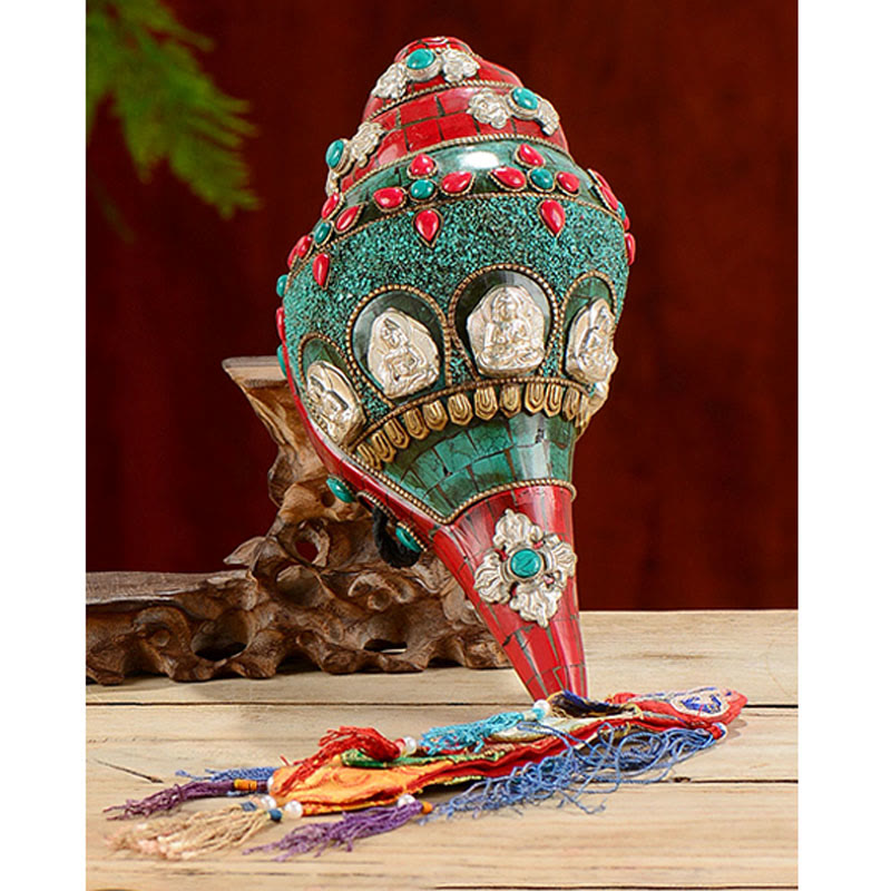 Turquoise Shankha Conch – beside lotus mandala painting, harmonious spiritual home arrangement
