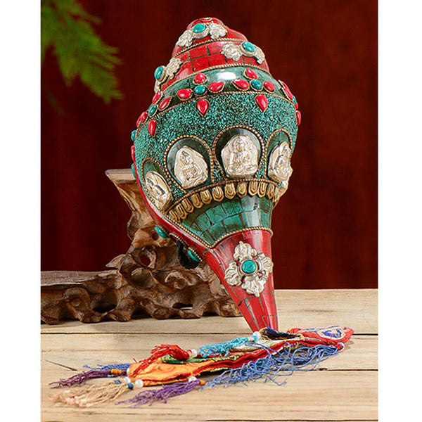 Turquoise Shankha Conch – beside lotus mandala painting, harmonious spiritual home arrangement
