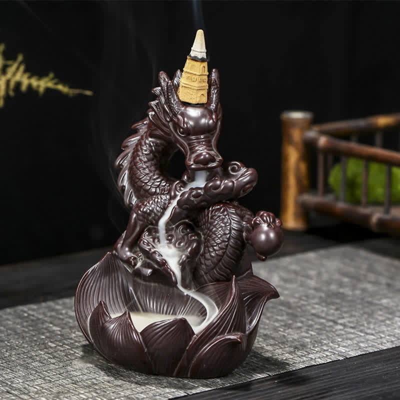 Dragon Lotus Ceramic Incense Burner – Close-up of dragon head with burning cone and flowing smoke trail, Meditative