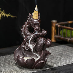 Dragon Lotus Ceramic Incense Burner – Close-up of dragon head with burning cone and flowing smoke trail, Meditative