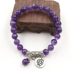 Amethyst Lotus Bracelet - carved wood prop, filigree metalwork and amethyst bead dangle