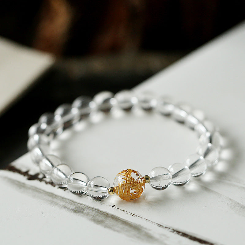 Black Obsidian White Crystal Onyx Dragon Bracelet - Clear crystal beads with rutilated quartz focal bead on marble, Clarity