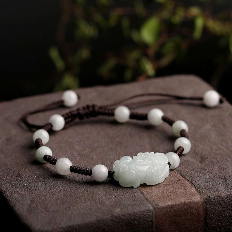 Natural Jade PiXiu Bracelet – white jade brown cord gray stone, earthy protection jewelry