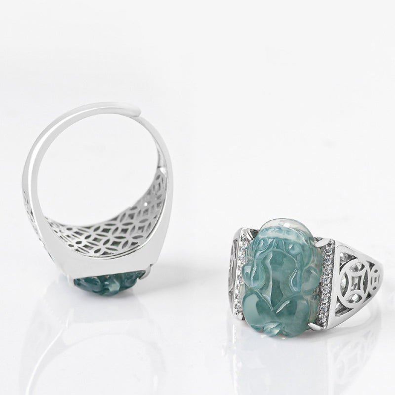 925 Sterling Silver Jade PiXiu Luck Ring – Two rings showing front and inner lattice design on white