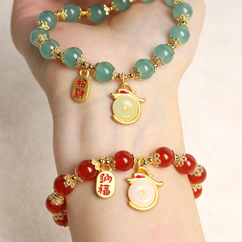 Red Agate Aventurine Dragon Bracelet – Green and red stacked bracelets on wrist with dual blessings, Harmonious