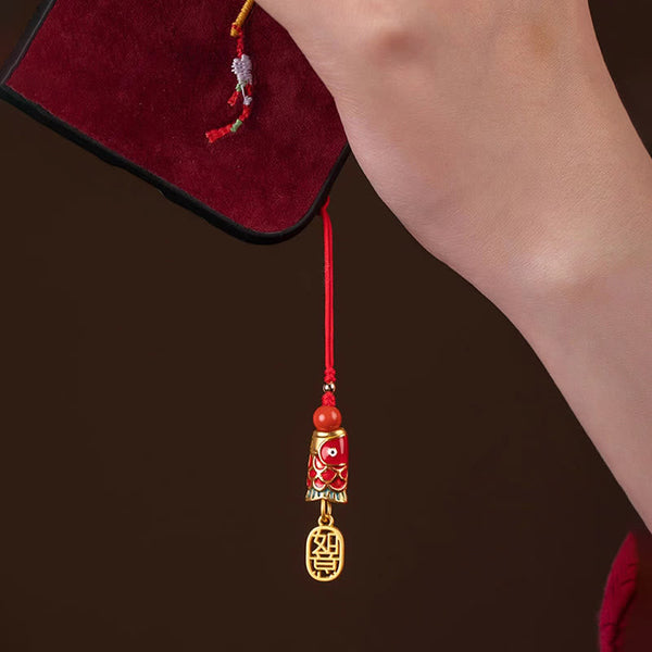 Koi Fish Cinnabar Ruyi Phone Charm – cinnabar koi fish with flowing tail and ruyi cloud motif, phone accessory