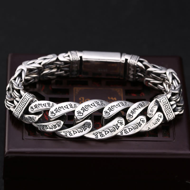 Om Mani Padme Hum Bracelet – Engraved mantra links on dark wooden stand, engraved bracelet
