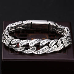 Om Mani Padme Hum Bracelet – Engraved mantra links on dark wooden stand, engraved bracelet