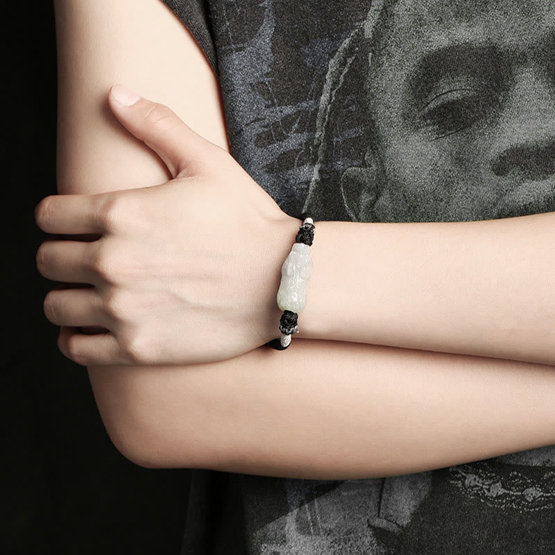Natural Jade PiXiu Bracelet – model wrist dark shirt crossed arms, natural jade bracelet men women luck