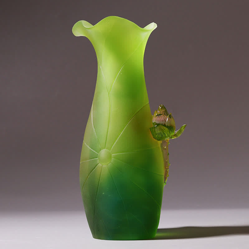 Feng Shui Lotus Liuli Crystal – frosted green lotus leaf vase with flower bud, nature art