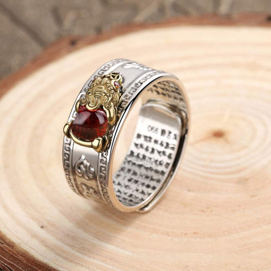Red Agate PiXiu Wealth Ring – silver band with gold PiXiu and red agate on wood slice, adjustable Feng Shui ring