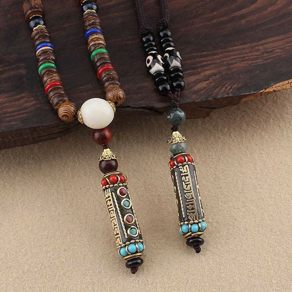 Wenge Wood Dzi Bead Mantra Necklace - Necklace variants on rustic wood, bronze pendant with turquoise inlays