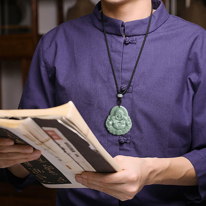 Laughing Buddha Natural Jade Abundance Necklace – Natural jade with organic veins surrounding carved Buddha, unique earth