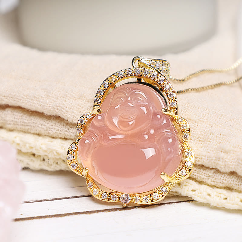 Jade Laughing Buddha Luck Necklace – pink crystal Buddha on cream fabric with gold diamond border, self-acceptance